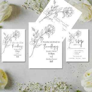 Black and White Minimalist Floral Wedding  Invitation