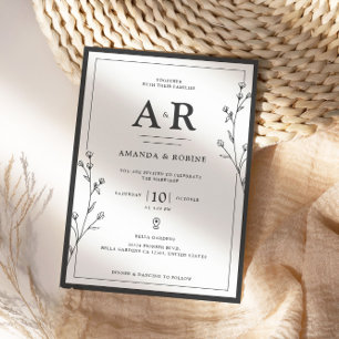 Black and White Minimalist Flower Elegant Wedding Invitation