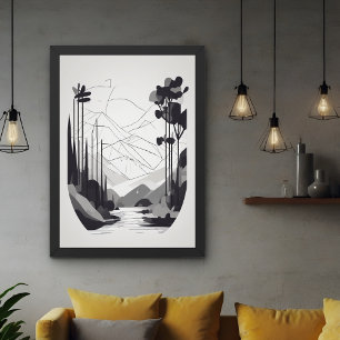 Black and White Minimalist Landscape Abstract Art Poster