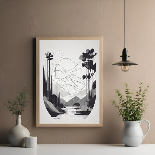 Black and White Minimalist Landscape Abstract Art Poster