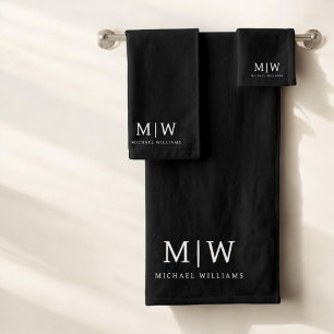 Black and White Minimalist Modern Monogram Bath Towel Set