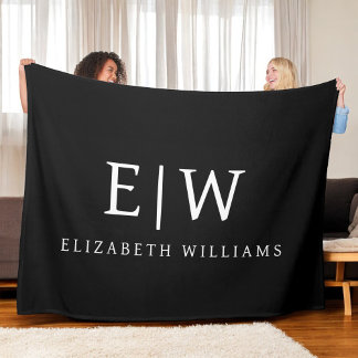 Black and White Minimalist Modern Monogram Fleece Blanket