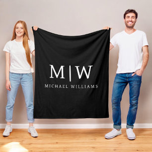 Black and White Minimalist Modern Monogram Fleece Blanket