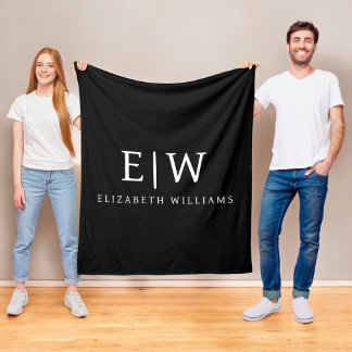 Black and White Minimalist Modern Monogram Fleece Blanket