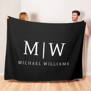 Black and White Minimalist Modern Monogram Fleece Blanket