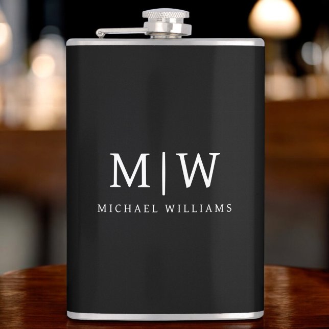 Black and White Minimalist Modern Monogram Hip Flask (Creator Uploaded)