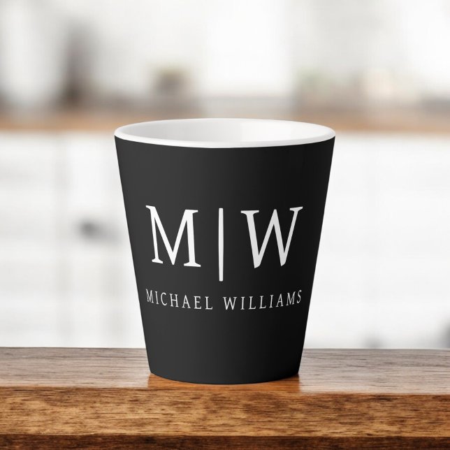 Black and White Minimalist Modern Monogram Latte Mug (Creator Uploaded)