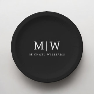 Black and White Minimalist Modern Monogram Paper Plate