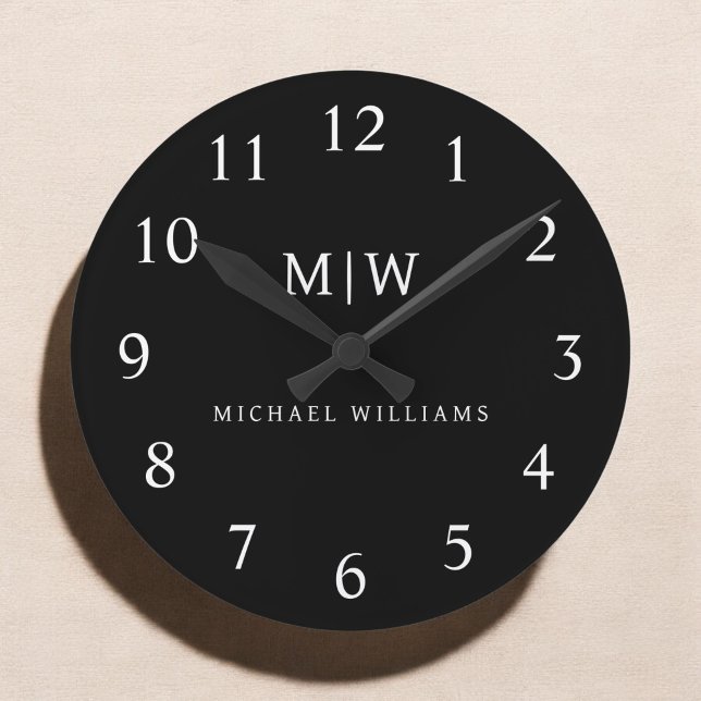 Black and White Minimalist Modern Monogram Round Clock (Creator Uploaded)
