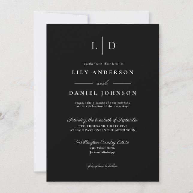 Black and White Minimalist Modern Monogram Wedding Invitation (Front)