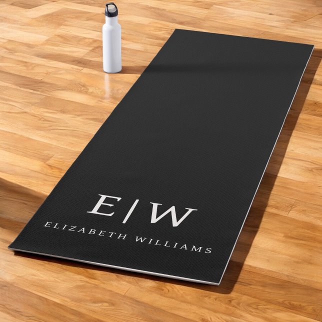 Black and White Minimalist Modern Monogram Yoga Mat (Creator Uploaded)
