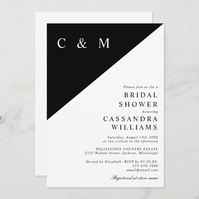 Black And White Minimalist Monogram Bridal Shower Invitation (Front/Back)