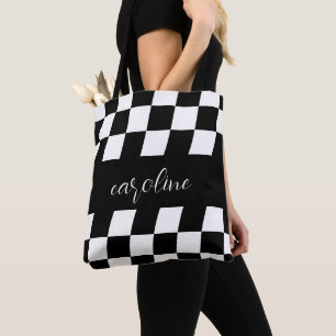 Black and White Minimalist Monogram Checkered Tote Bag