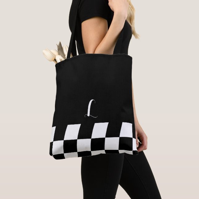 Black and White Minimalist Monogram Chequered Tote Bag (Close Up)