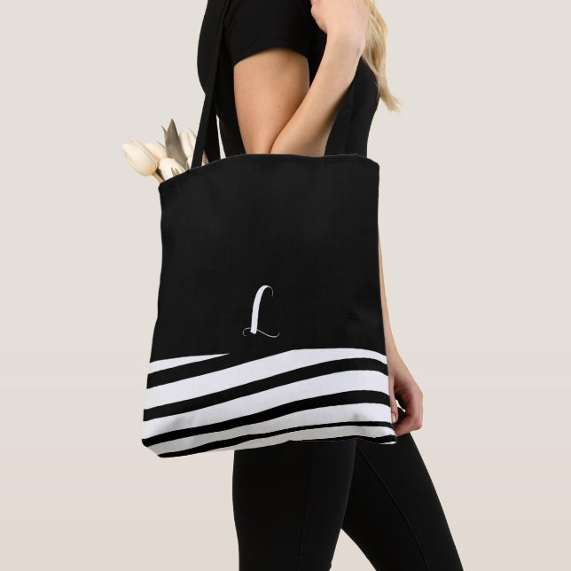 Black and White Minimalist Monogram Striped   Tote Bag (Close Up)