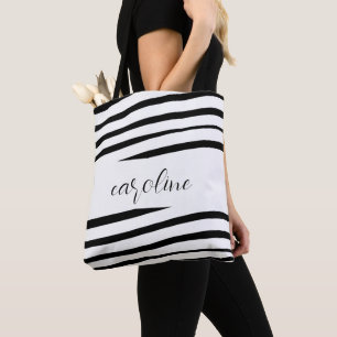 Black and White Minimalist Monogram Striped   Tote Bag
