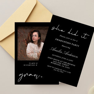 black and white Minimalist  Photo Graduation  Invitation