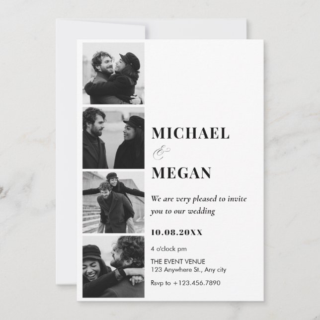 Black and white minimalist photo wedding  invitation (Front)