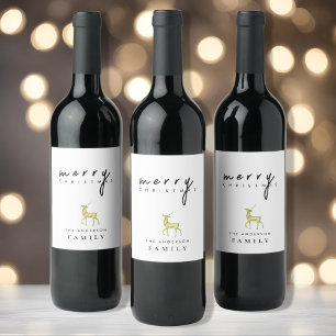 Black and White Minimalist Reindeer Christmas Wine Label