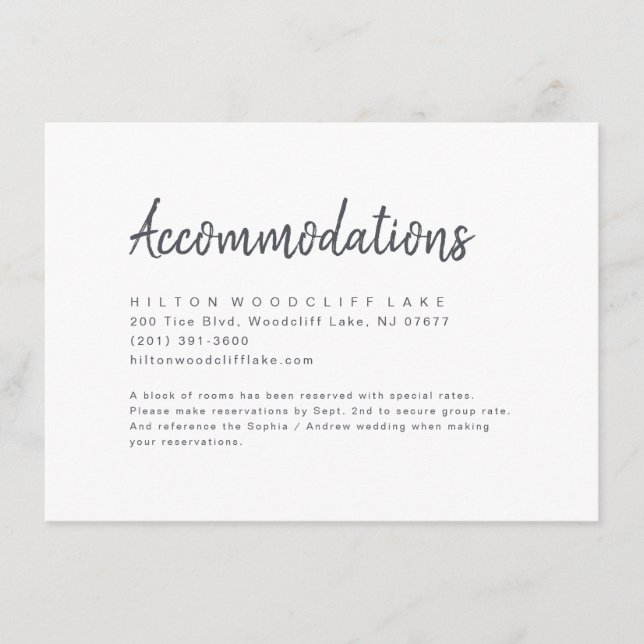 Black and white minimalist script accommodation enclosure card (Front)