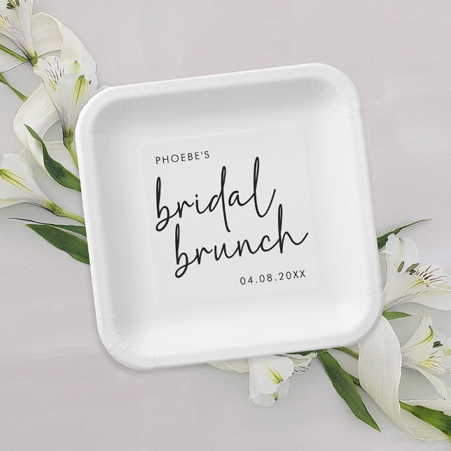 Black and White Minimalist Script Bridal Brunch Paper Plate (Creator Uploaded)