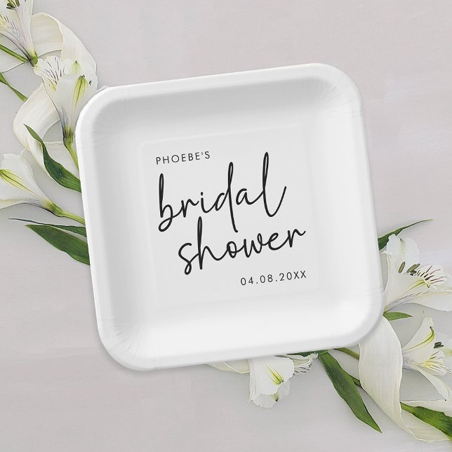 Black and White Minimalist Script Bridal Shower Paper Plate (Creator Uploaded)