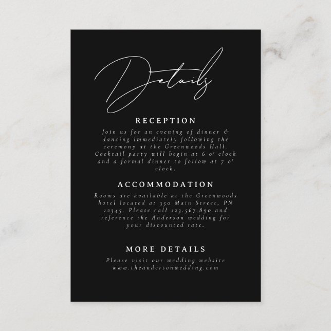 Black and White Minimalist Script Wedding Details Enclosure Card (Front)