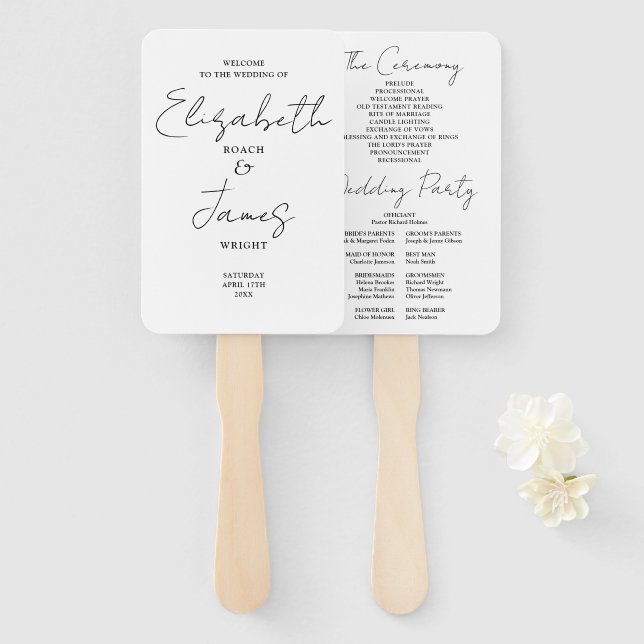 Black And White Minimalist Script Wedding Program Hand Fan (Front and Back)