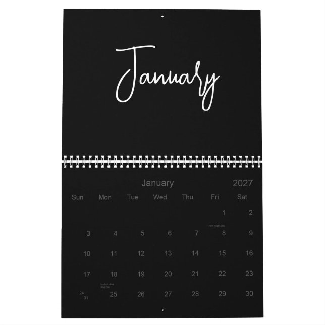 Black and White Minimalist Simple Script Any Year Calendar (Jan 2027)