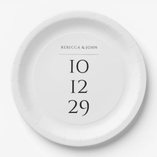 Black And White Minimalist Special Date Wedding Paper Plate