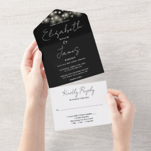 Black And White Minimalist String Lights Wedding All In One Invitation