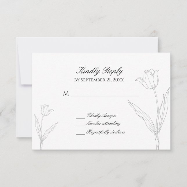 Black and White Minimalist Tulip Wedding RSVP Card (Front)