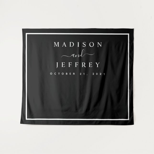Black and White Minimalist Wedding Backdrop Tapestry (Front (Horizontal))