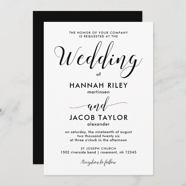 Black and White Minimalist Wedding Invitation (Front/Back)