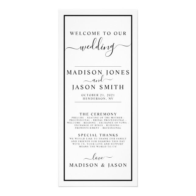 Black and White Minimalist Wedding Program Rack Card (Front)