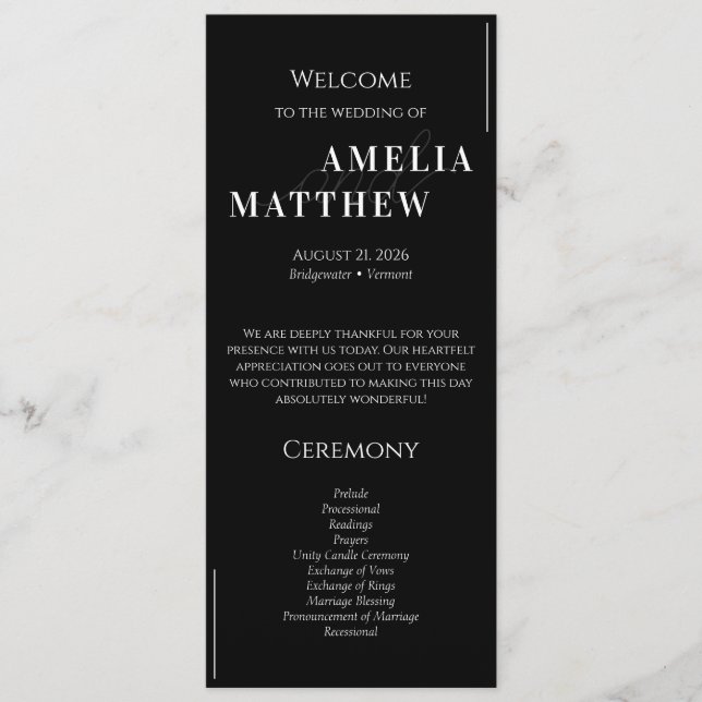 Black and White Minimalistic Wedding Programme (Front)