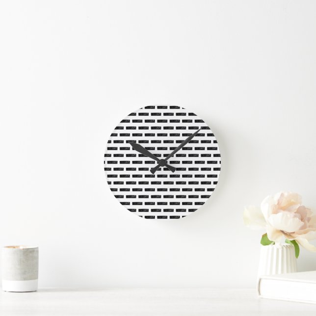 Black and White "Minus" Math Symbol Lino Cut Round Clock (Home)