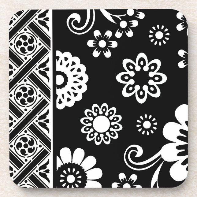 Black and White Mod Floral...cork coaster (Front)