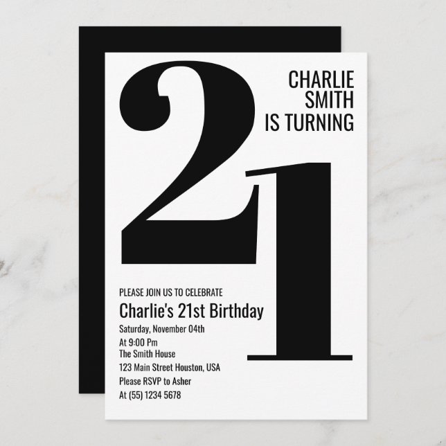 Black and White Modern 21st Birthday Party Invitation (Front/Back)
