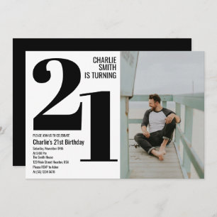 Black and White Modern 21st Birthday Party Photo Invitation