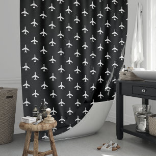 Black and White Modern Aeroplanes Pilot Shower Curtain