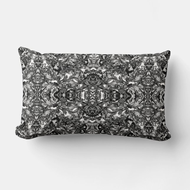BLACK AND WHITE MODERN BAROQUE ORNAMENTAL  FLEECE  LUMBAR CUSHION (Front)