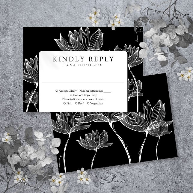 Black And White Modern Botanical Floral Wedding RSVP Card (Black And White Modern Botanical Floral Wedding RSVP Card)