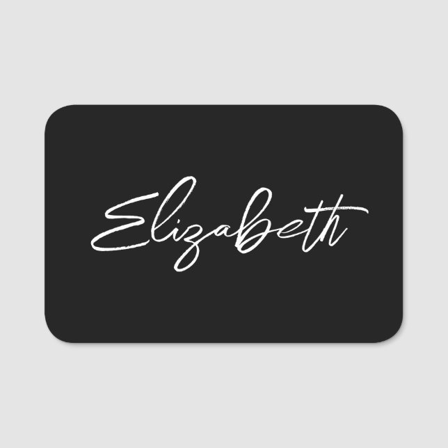Black and White Modern Brush Script Name Tag (Front)