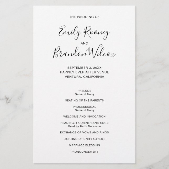 Black and White Modern Budget Wedding Program Flyer (Front)