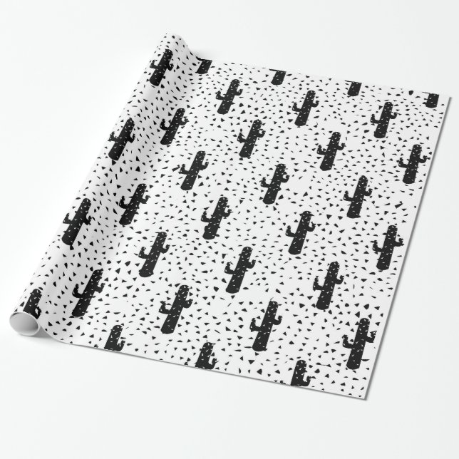 Black and White Modern Cactus and Triangle Geo Wrapping Paper (Unrolled)