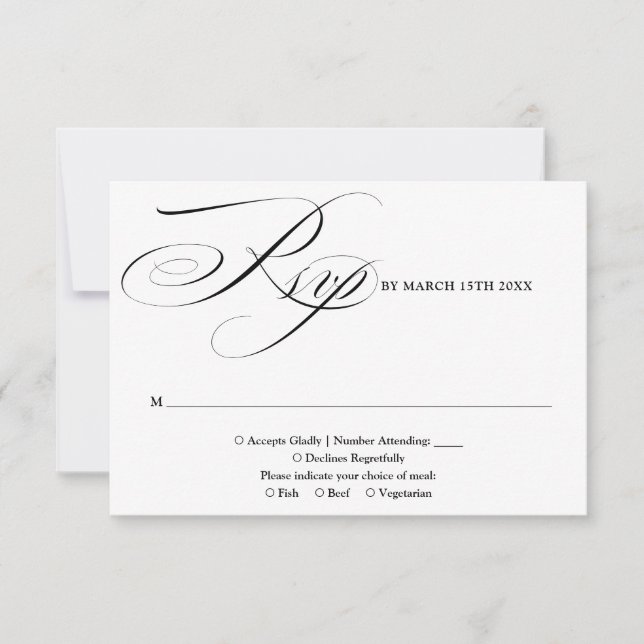 Black And White Modern Chic Elegant Script Wedding RSVP Card (Front)
