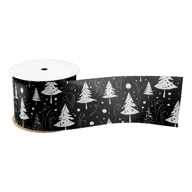 Black and White Modern Christmas Trees Satin Ribbon (Spool)