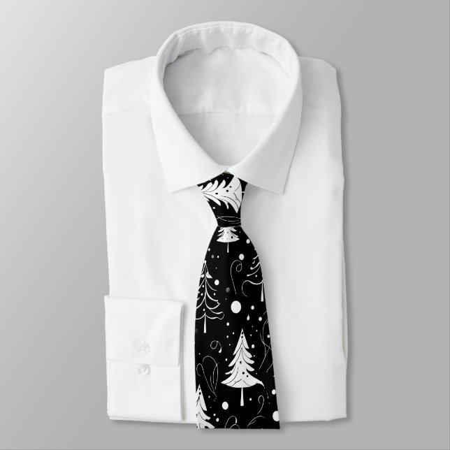 Black and White Modern Christmas Trees Tie (Tied)