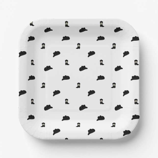 Black and White Modern Cowboy Rodeo Pattern Paper Plate (Front)
